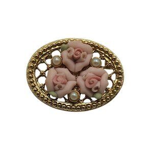 Vintage 1928 Co Pink Roses Faux Pearls Lattice Gold Tone Beaded Rim Brooch